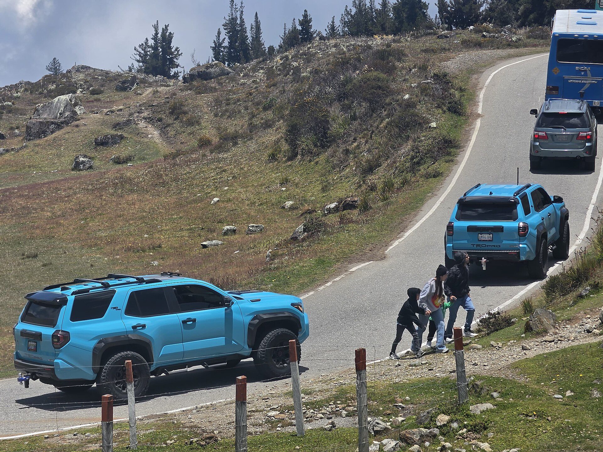 Two light-blue sixth-generation 4Runner TRD Pros on a winding mountain road through high Andean paramo