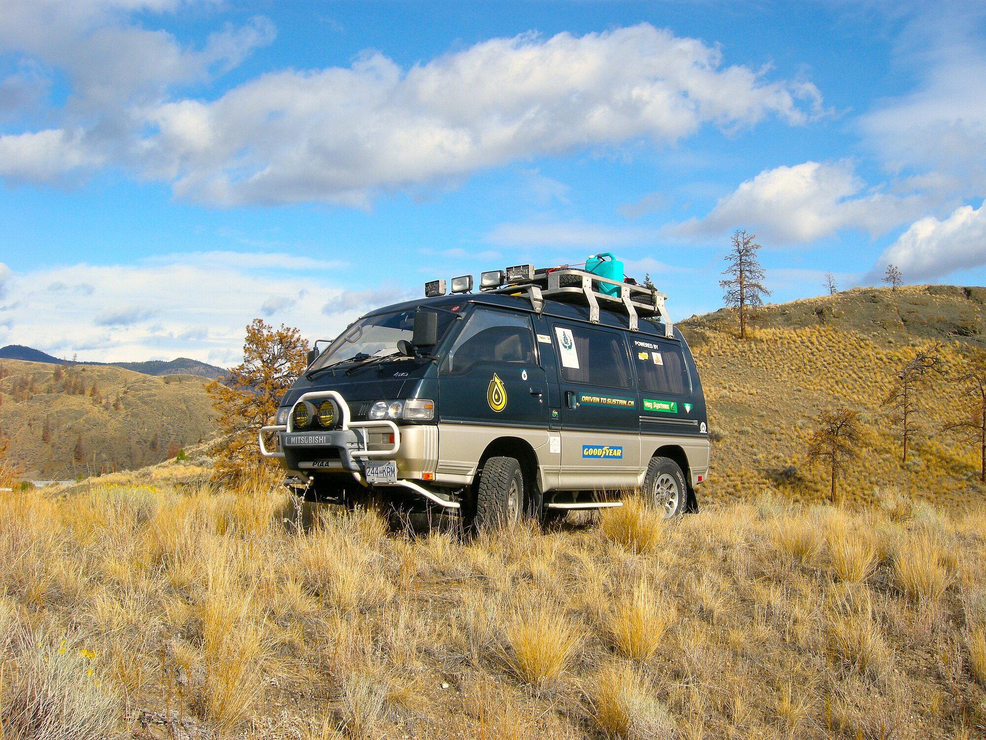 A dark green and silver late-model Delica Star Wagon 4WD with a roof rack, light bar and bull bar parked in dry grassland among pines in British Columbia