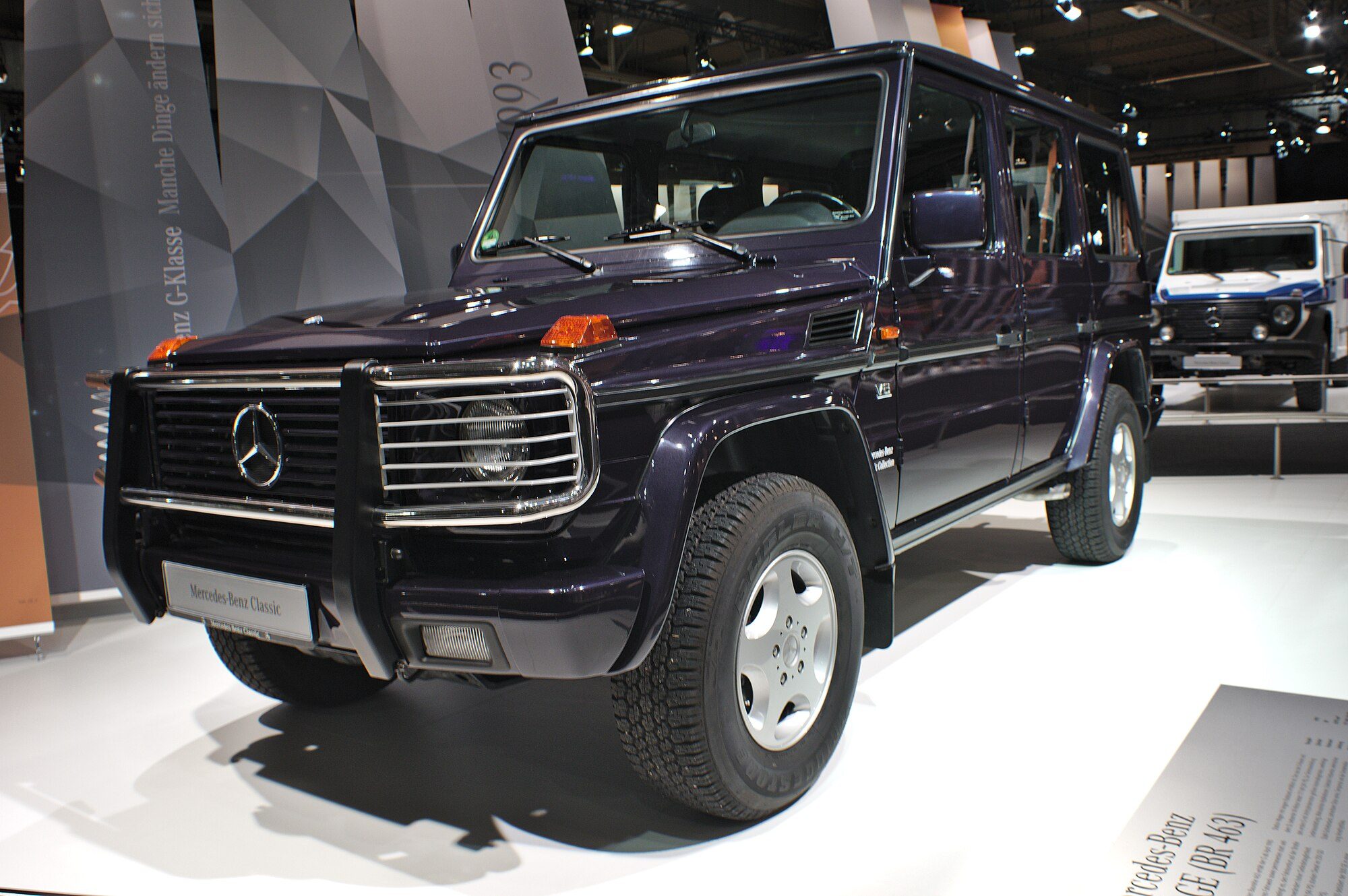 Front three-quarter view of a dark purple 500 GE with chrome bull bar and headlamp guards