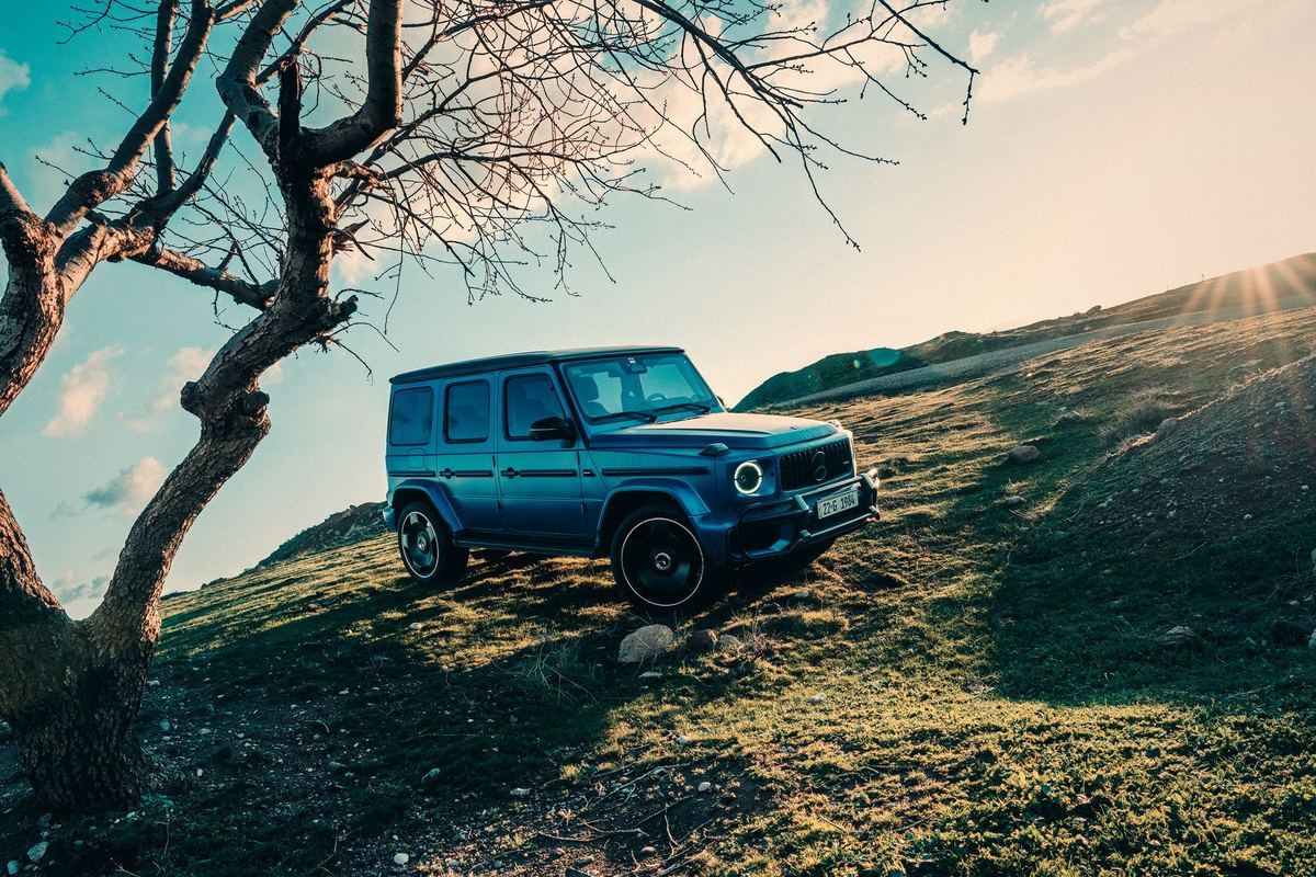 A blue second-generation Mercedes-AMG G 63 on a grassy slope beside a bare tree at sunset