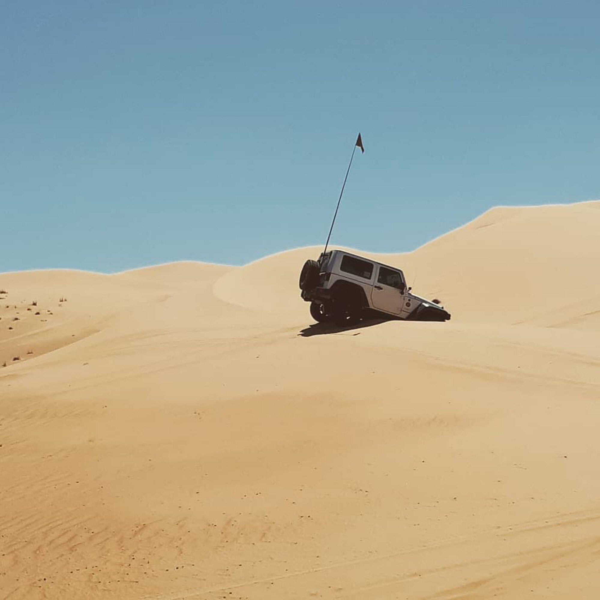 A silver two-door Wrangler JK with a whip flag nosed into the face of a sand dune in the Liwa desert