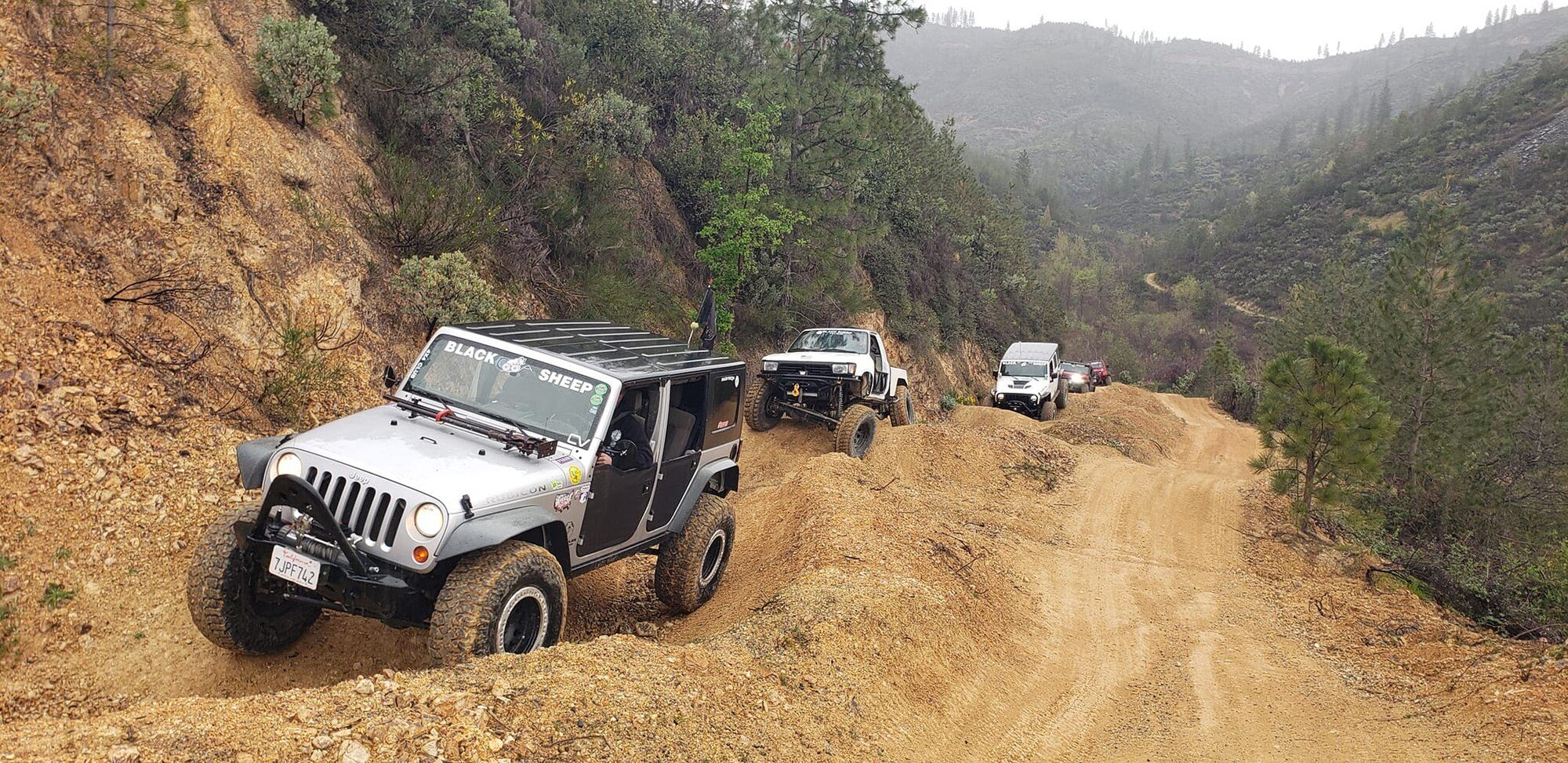 A silver lifted Jeep Wrangler JK Unlimited leading a line of 4x4s up a steep dirt trail in wooded hills