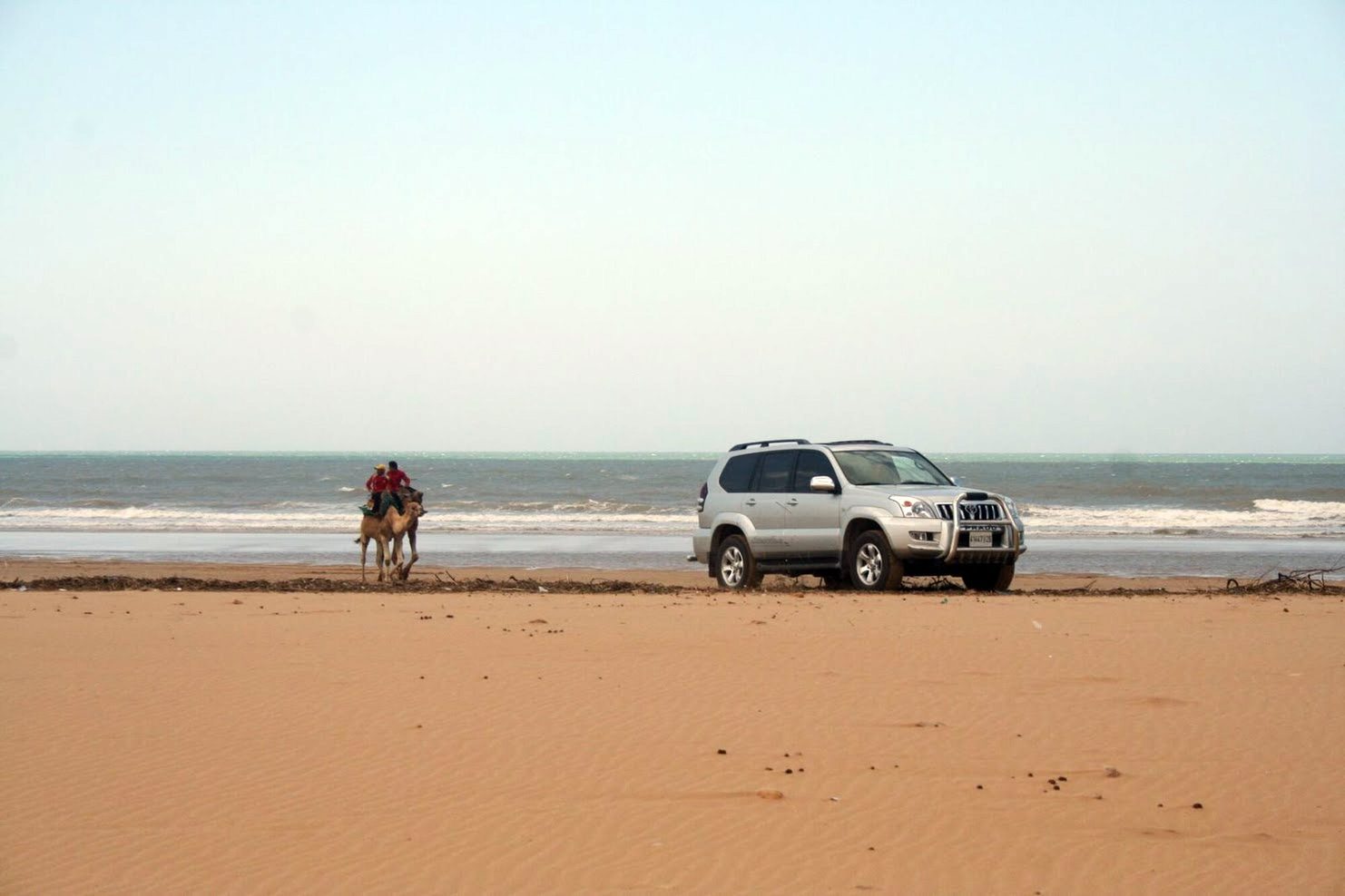 A silver Land Cruiser Prado 120 with a bull bar parked on a Moroccan beach as two riders on a camel pass by