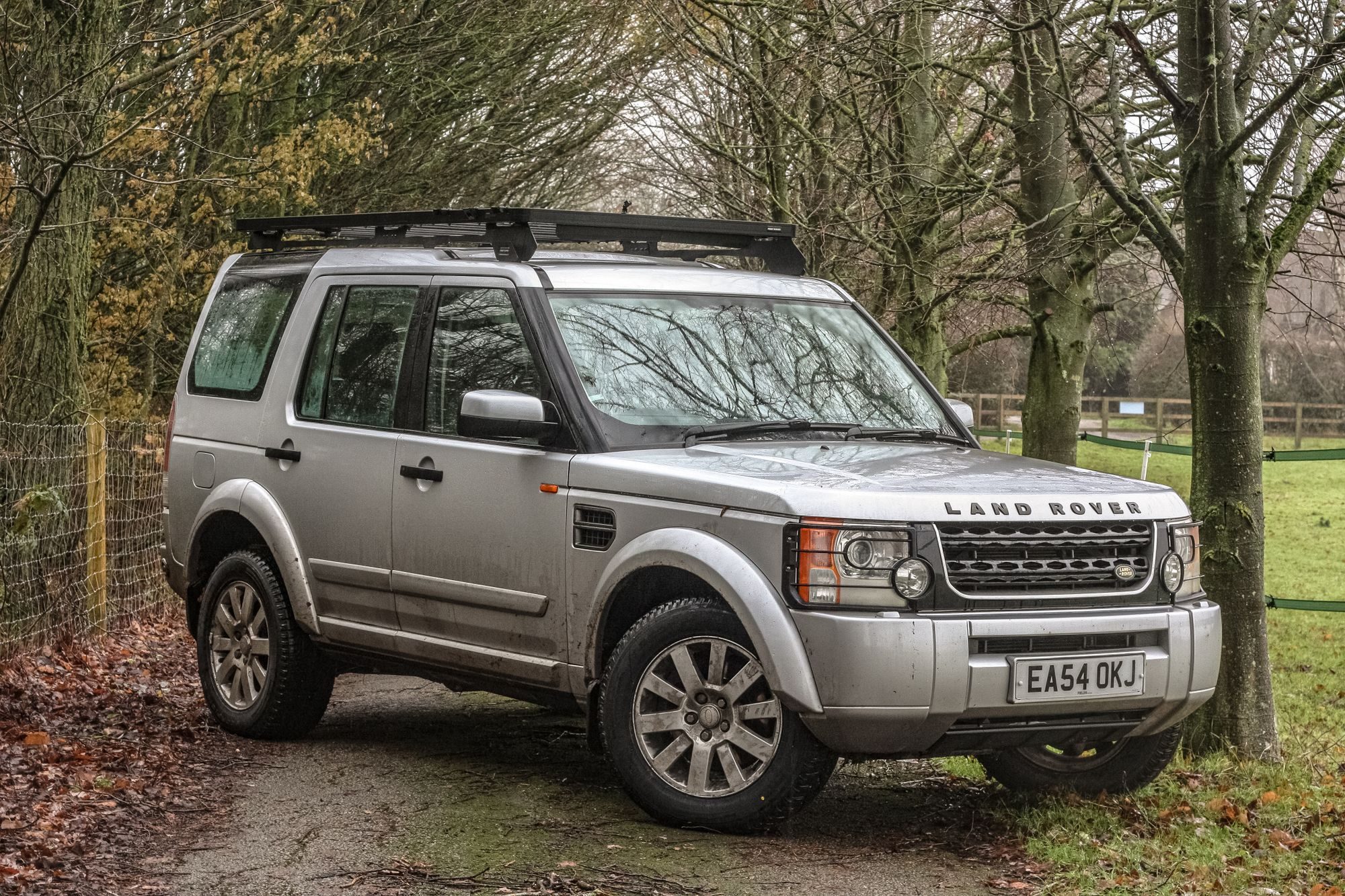 A silver Discovery 3 with lamp guards and a roof rack on a leaf-strewn track between bare trees