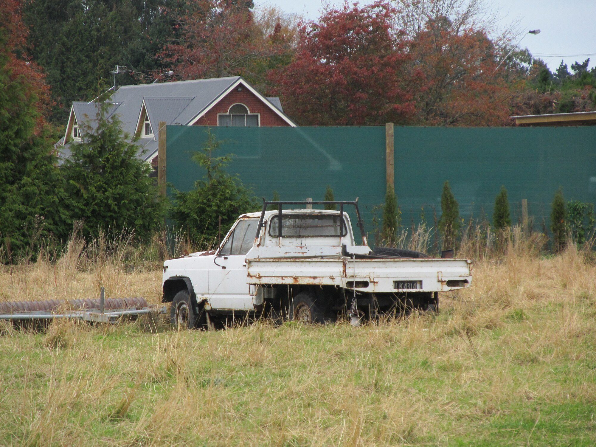 A weathered white 1984 Nissan Patrol cab-chassis ute with a flat tray, parked in long grass in a New Zealand paddock