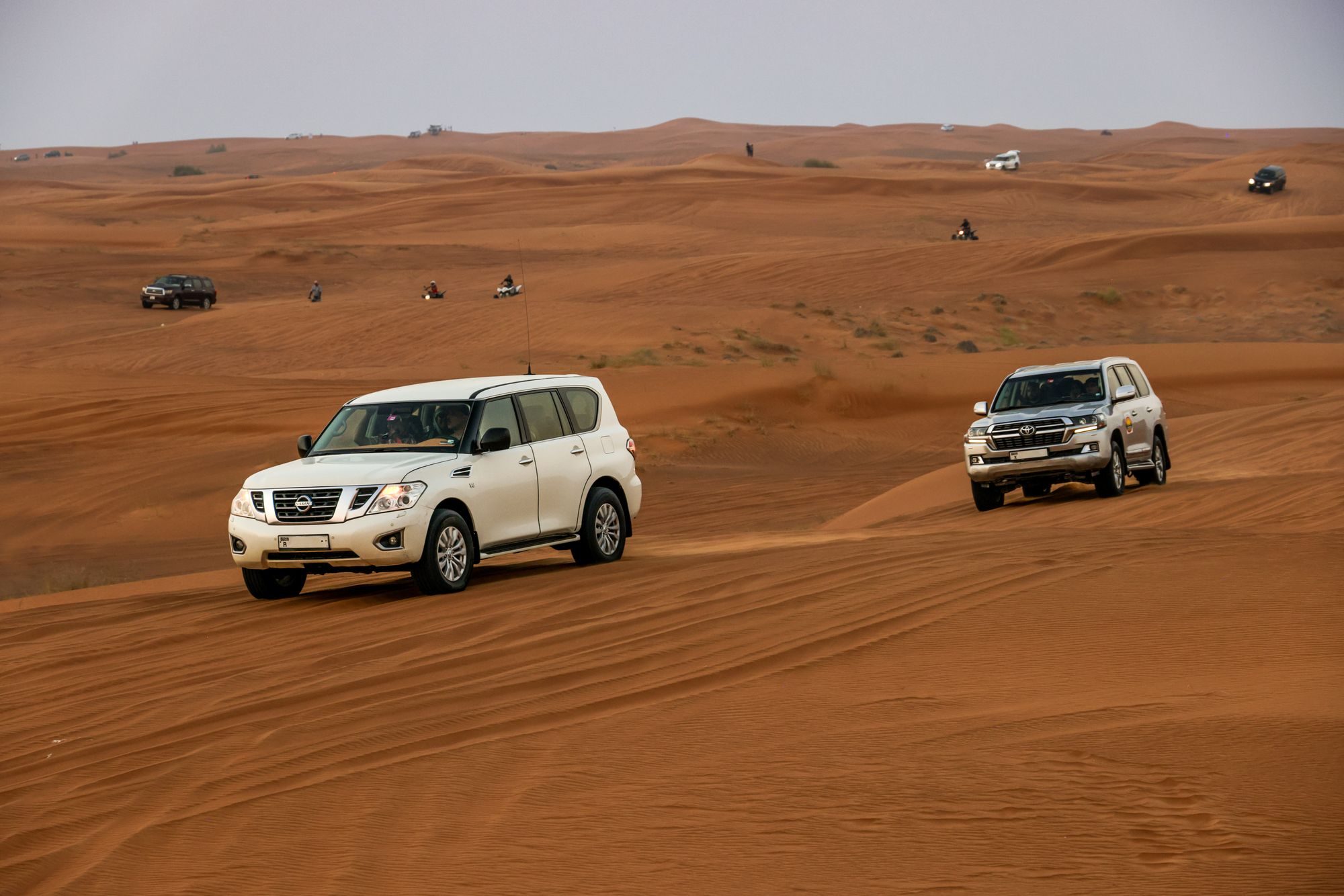 A white Nissan Patrol Y62 driving across red sand dunes on a desert safari, followed by a Toyota Land Cruiser 200