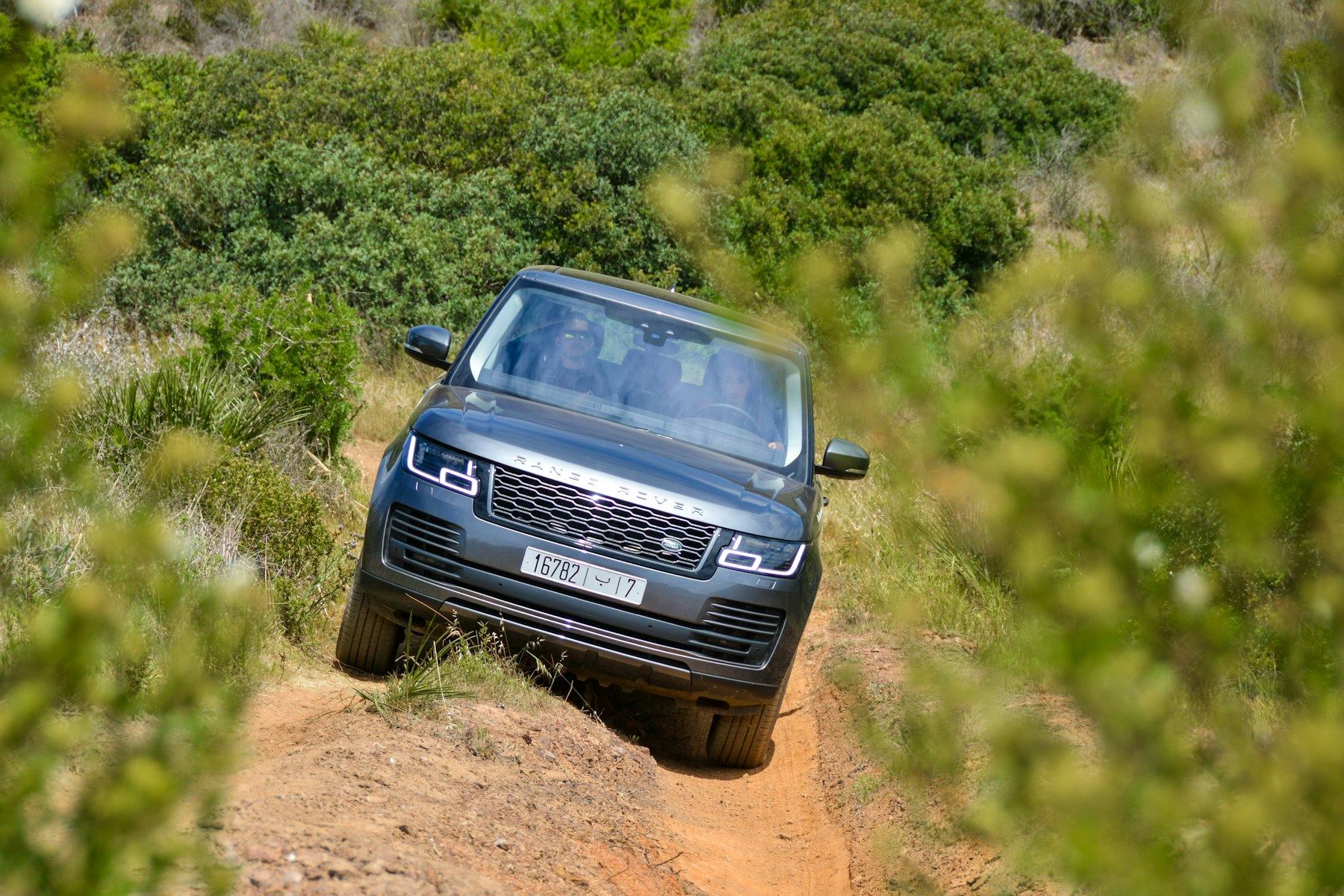 A facelifted fourth-generation Range Rover (L405) climbing a rutted dirt trail between bushes