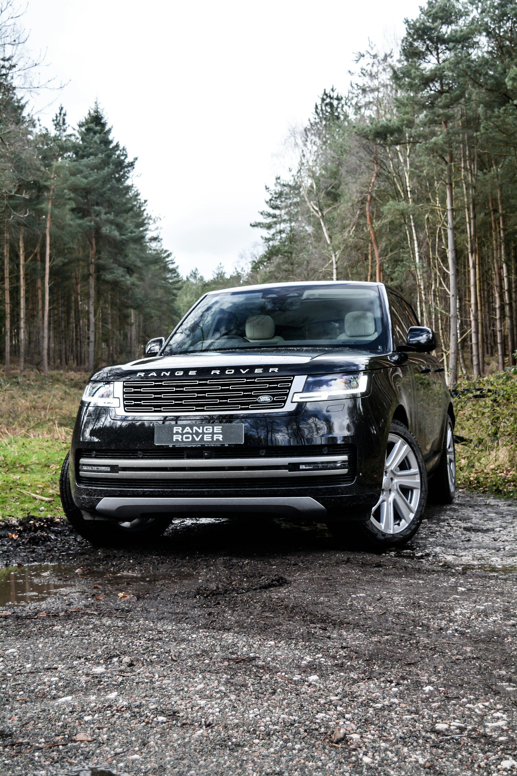 A black fifth-generation Range Rover (L460) parked on a muddy gravel forest track among pine trees