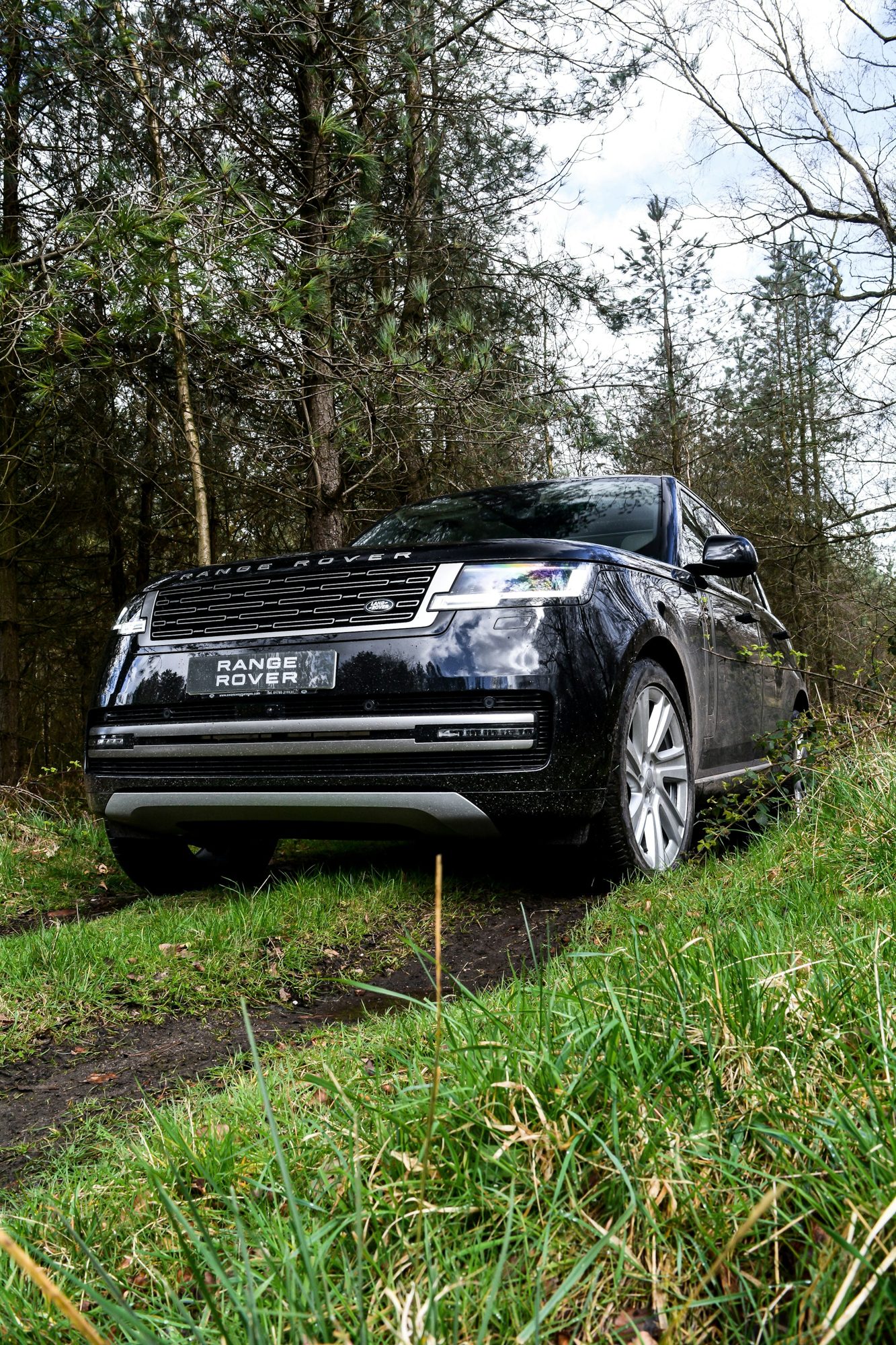 A black fifth-generation Range Rover (L460) nosing up a grassy woodland trail, seen from low down