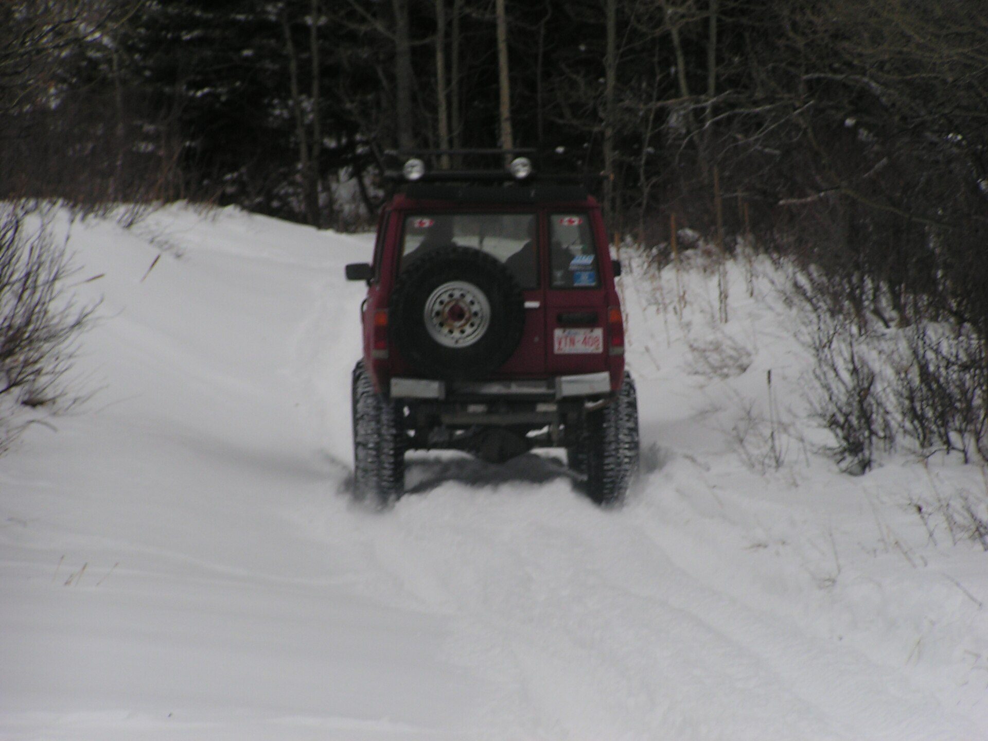 The same red first-generation Trooper seen from behind, climbing a snow-covered track between pine trees